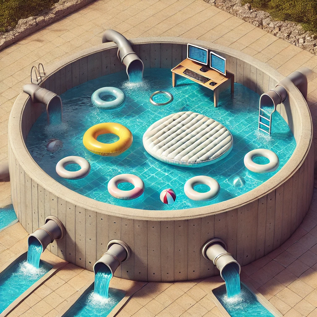 Metaphorical representation of UNIX Architecture as a pool with independent processes (swimming rings) managed by a central kernel
