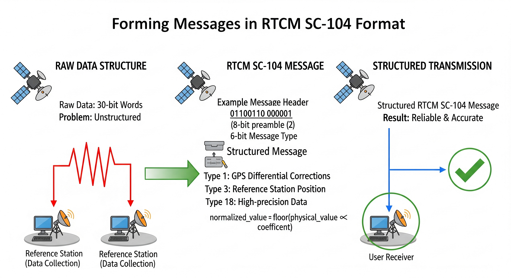 Visual representation of the transition from raw, noisy GNSS data to structured RTCM SC-104 messages for enhancing GPS accuracy