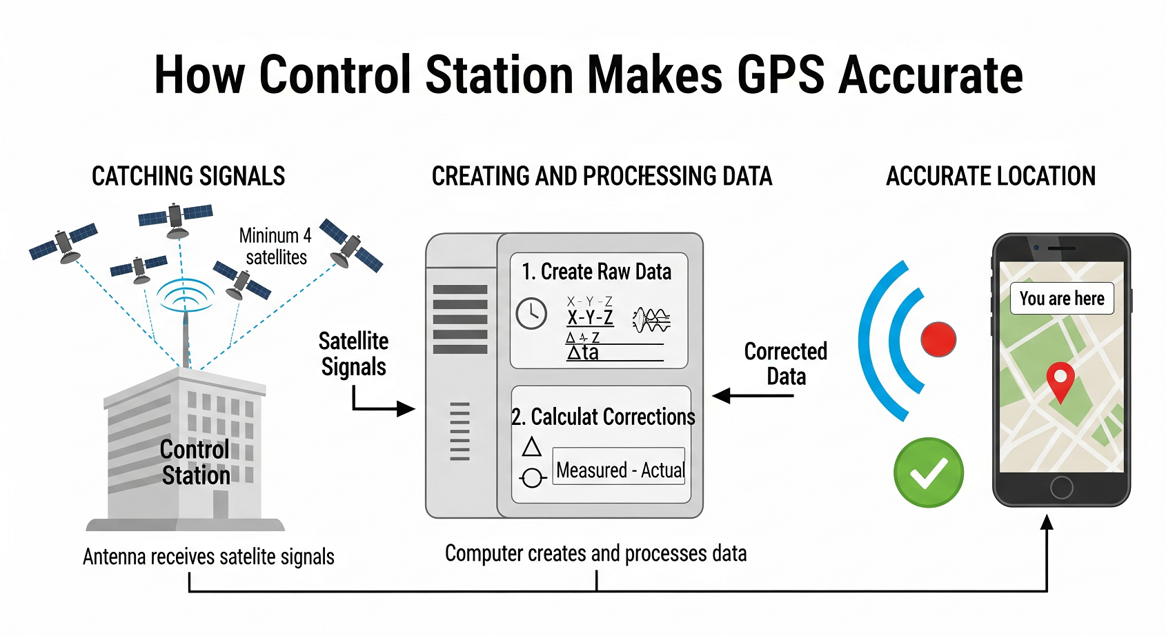 Diagram illustrating the DGPS (Differential Global Positioning System) principle with a reference station computing corrections and transmitting them to mobile receivers