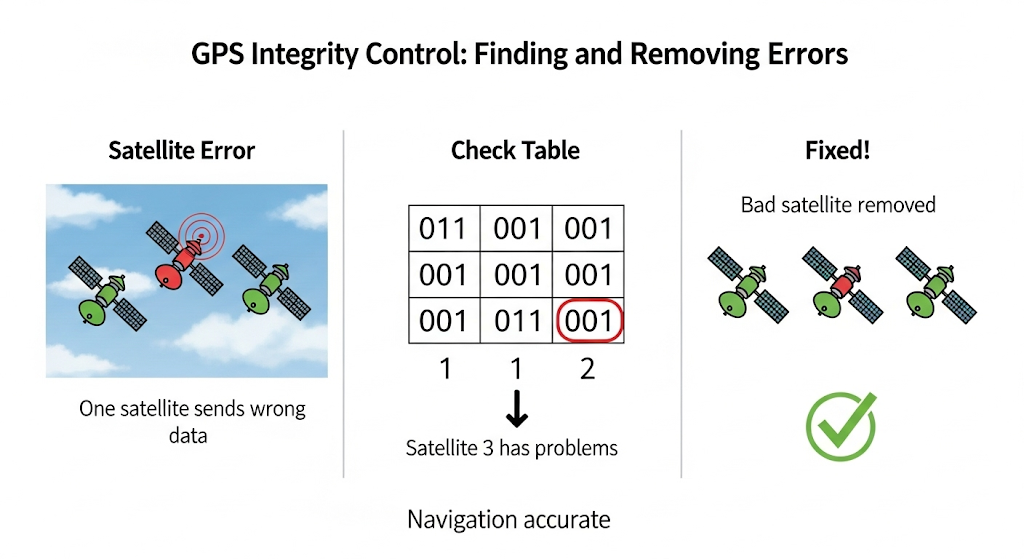Diagram illustrating the GPS integrity control process, showing how a cross-check matrix analysis helps detect faulty satellites