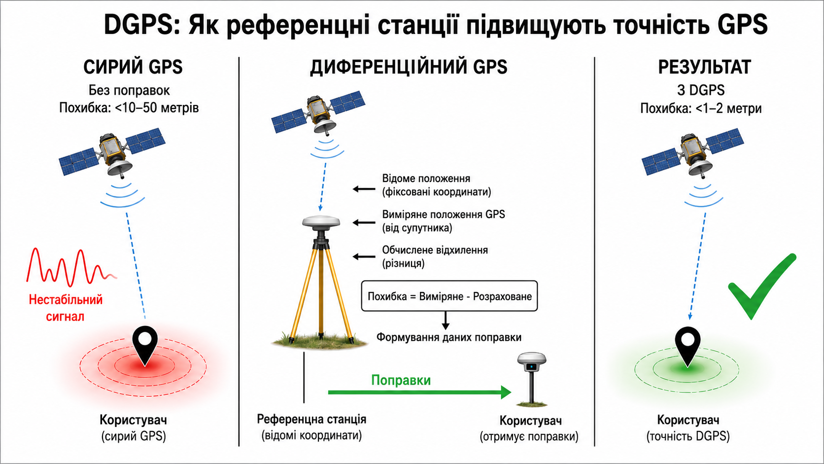 Ілюстрація, що показує, як DGPS перетворює сирі GPS-сигнали з великими похибками на високоточні позиції за допомогою диференційних поправок