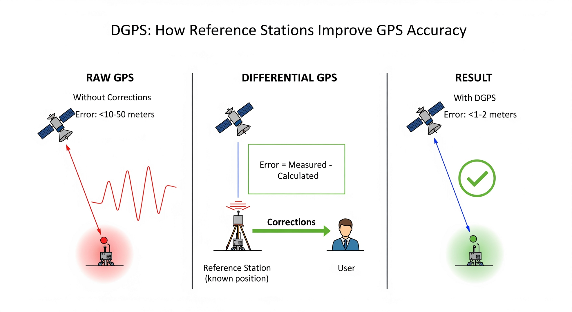 An illustration demonstrating how DGPS transforms raw GPS signals with large error margins into highly accurate positions through differential corrections