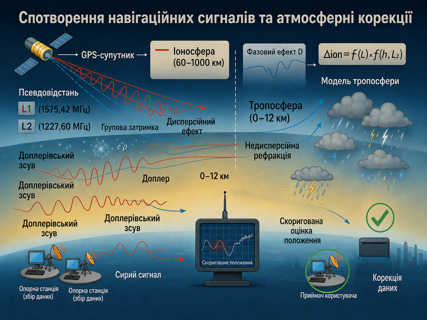 Схема атмосферних спотворень у GNSS, включно із затримкою сигналу та заломленням в іоносфері й тропосфері