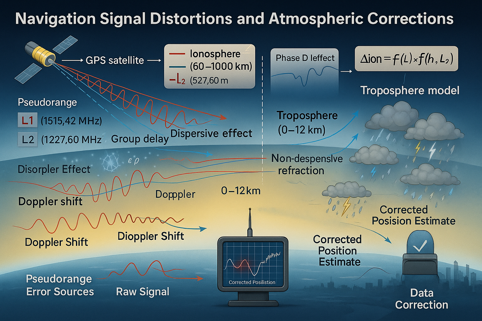 Diagram showing atmospheric distortions in GNSS, including signal delay and refraction in the ionosphere and troposphere