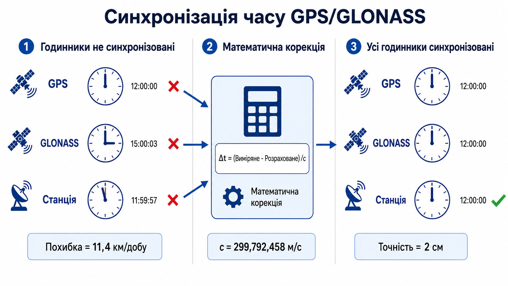 Інфографіка, що пояснює процес корекції часової шкали для синхронізації систем GPS і GLONASS