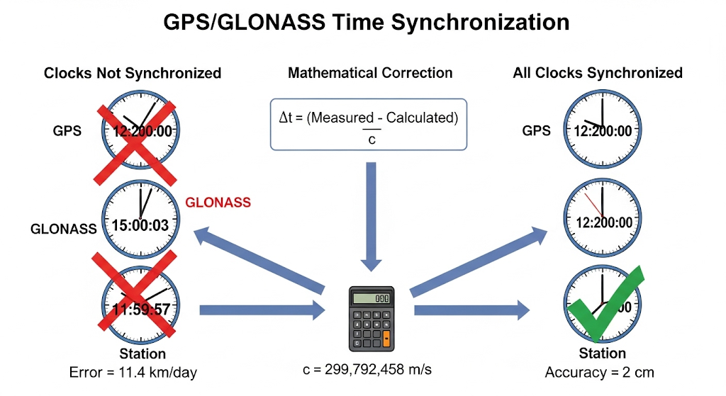 Infographic explaining the process of time scale correction for synchronizing GPS and GLONASS systems