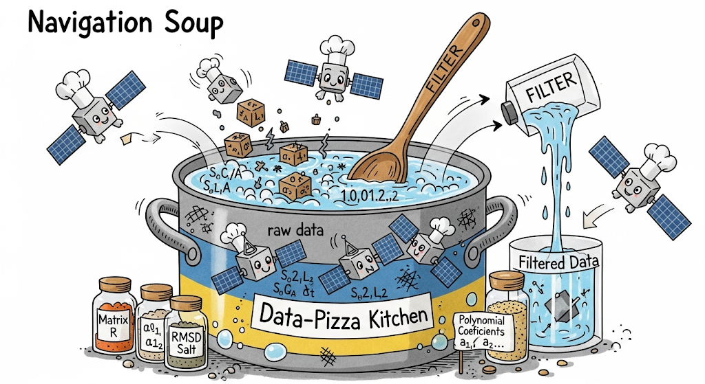 A metaphorical illustration of navigation data filtering as preparing a smooth soup from raw ingredients