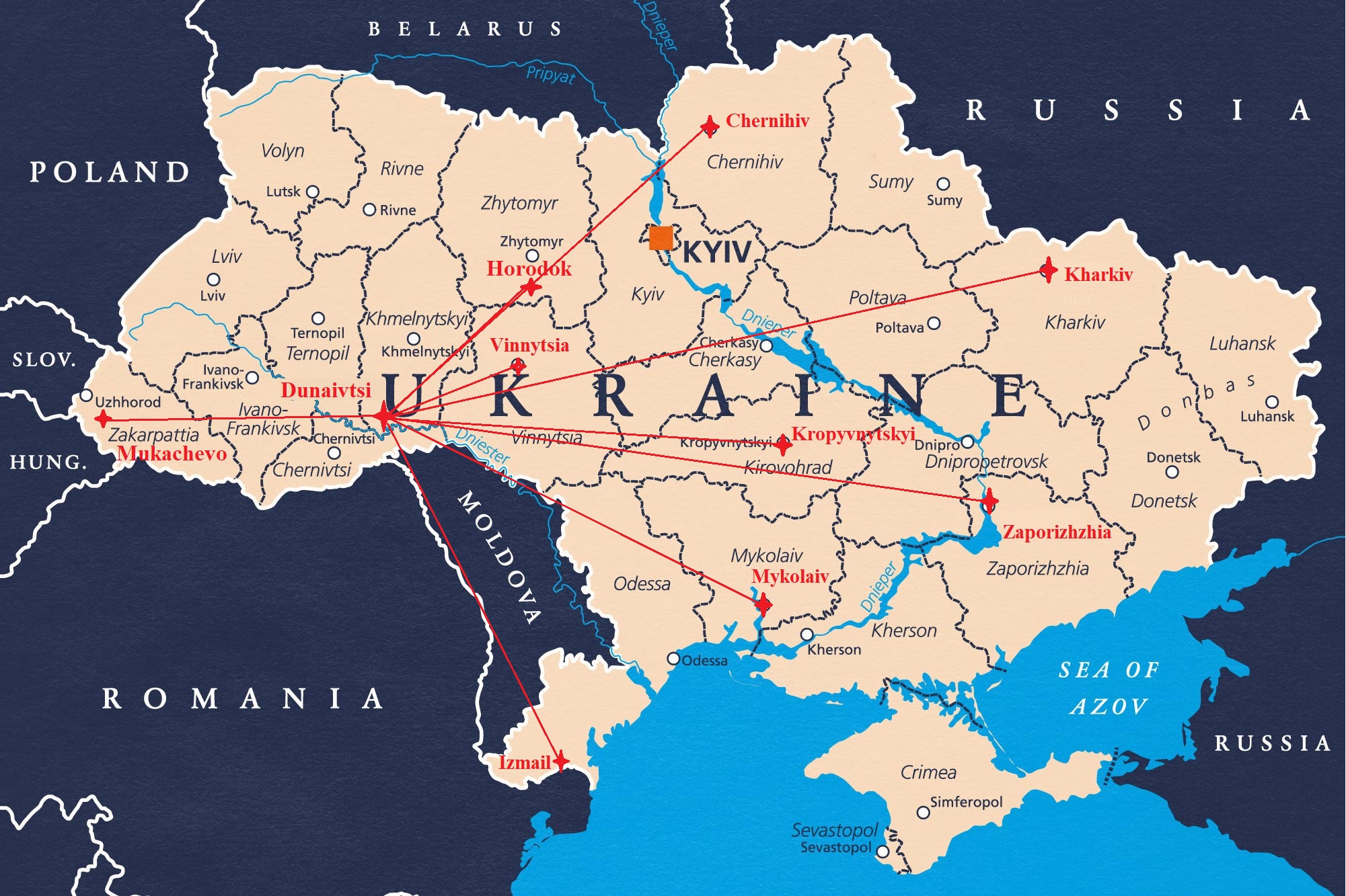 Topology map of the CTNS showing the distribution of control and correction stations across Ukraine