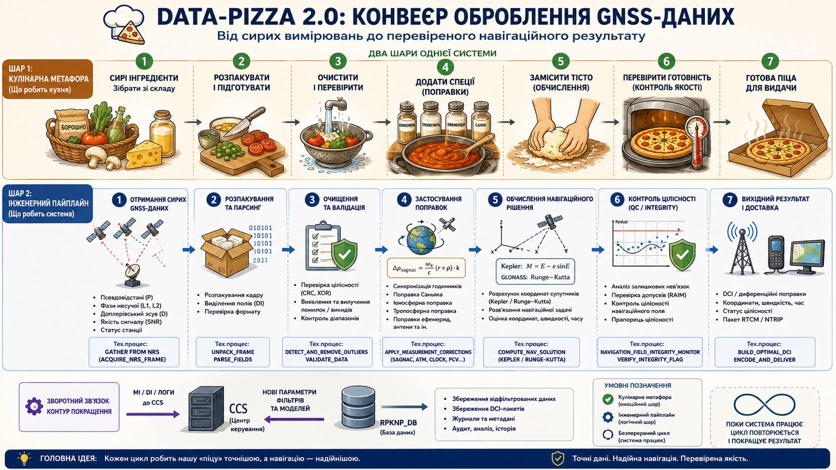 Жартівлива інфографіка під назвою Data-Pizza, що ілюструє покроковий процес оброблення GNSS-даних від сирих сигналів до остаточного навігаційного рішення