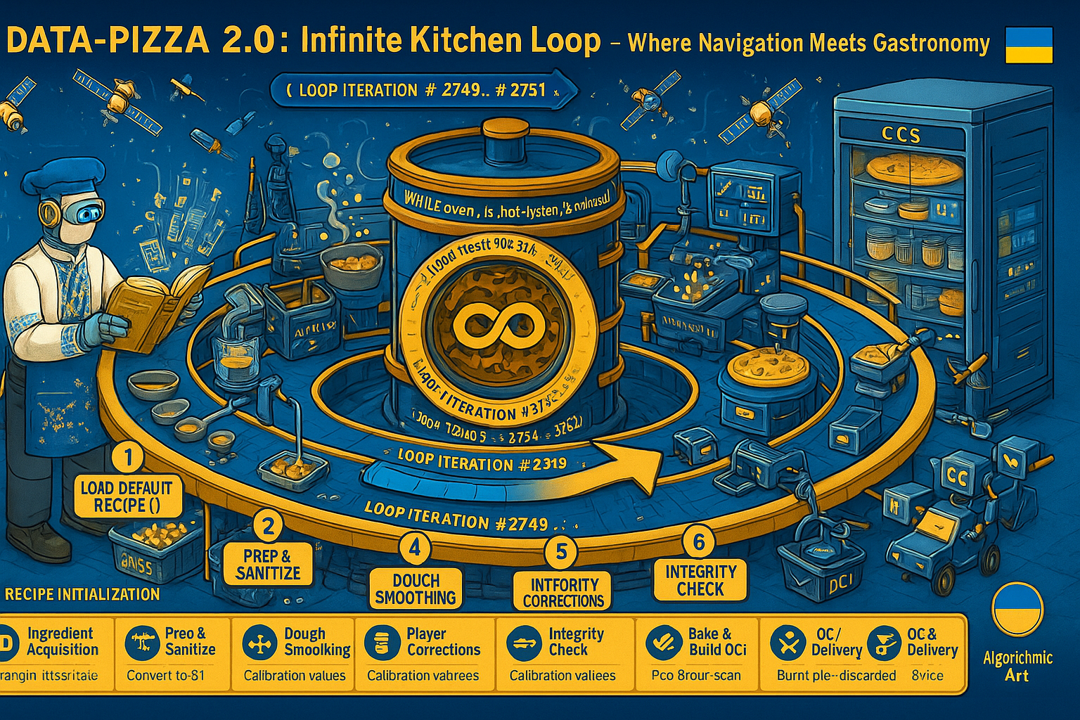 A humorous infographic called 'DATA-PIZZA' illustrating the step-by-step process of GNSS data processing from raw signals to a final navigation solution