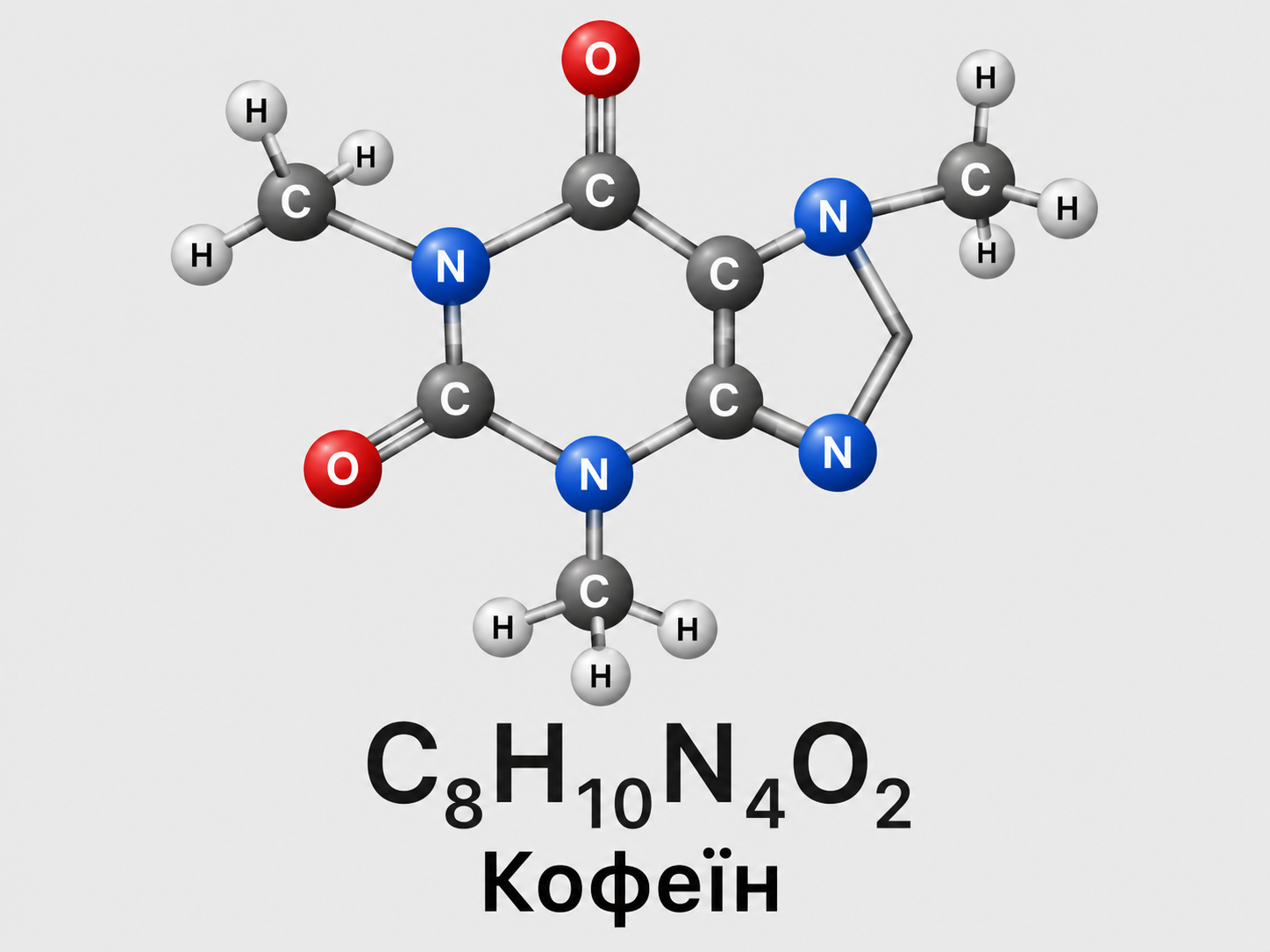 Молекула кофеїну C₈H₁₀N₄O₂