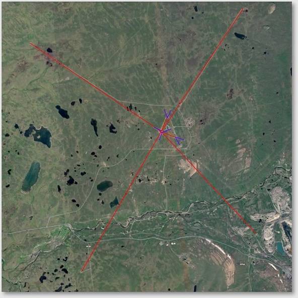 Satellite view of Norilsk city showing Vega system topology with small cross and technical position