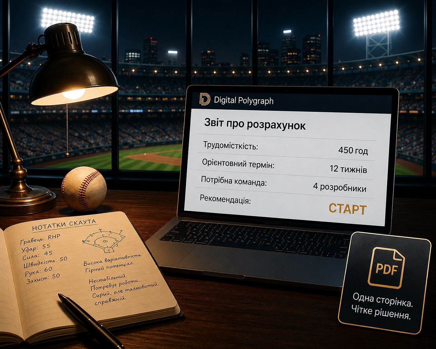 Українська ілюстрація Digital Polygraph у стилі Moneyball: офіс бейсбольної аналітики та звіт про розрахунок.