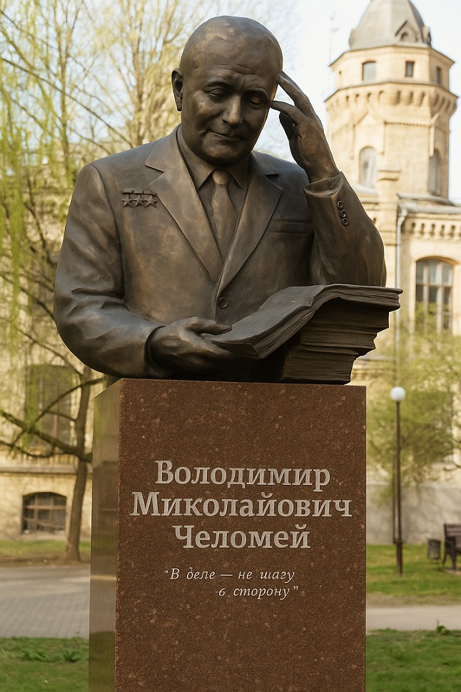 Memorial to Volodymyr Chelomey at Kyiv Polytechnic Institute honoring Ukrainian aerospace engineer who developed UR-500 Proton rocket
