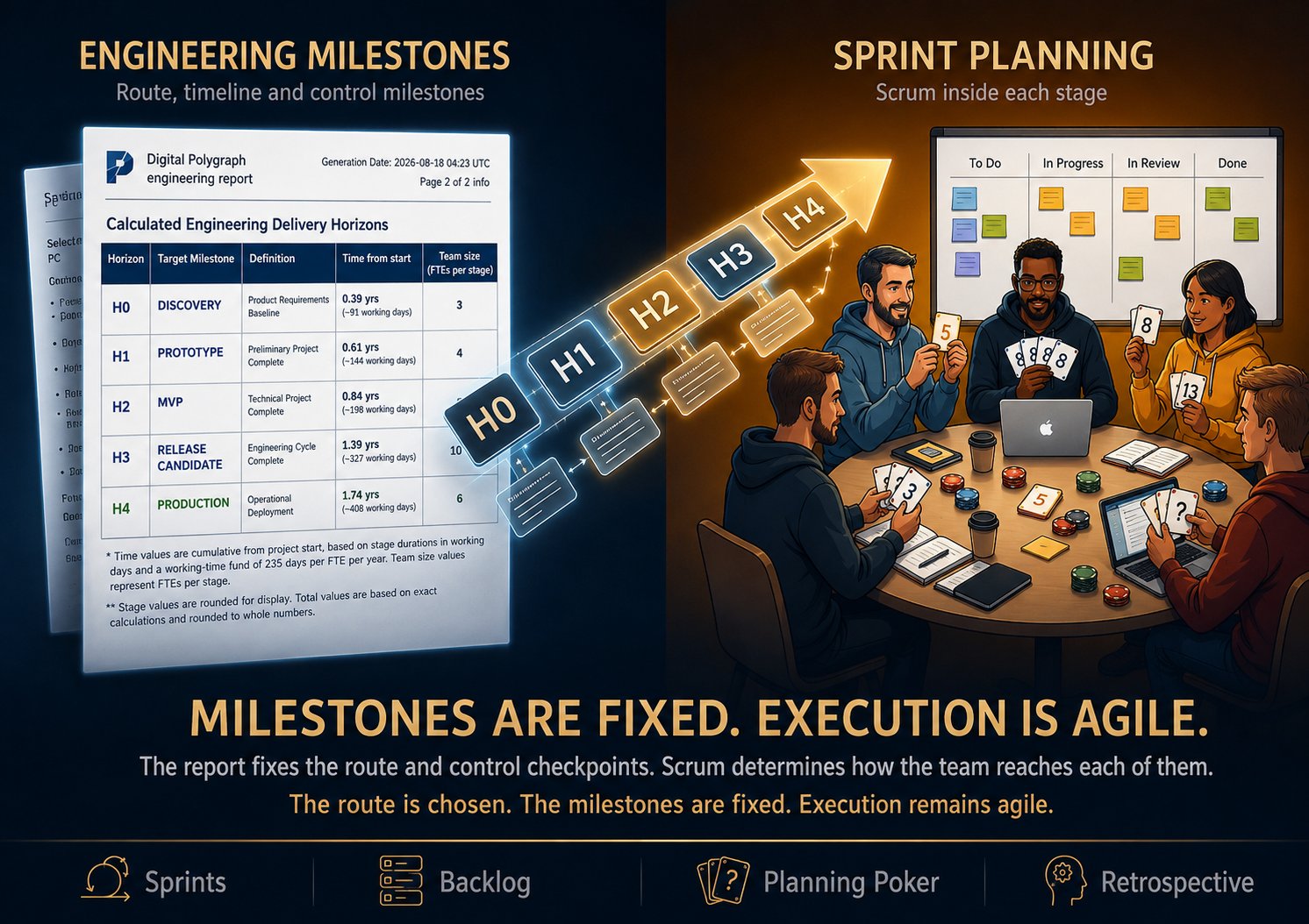 Engineering stages define measurable maturity milestones while Scrum determines how the team moves within each stage