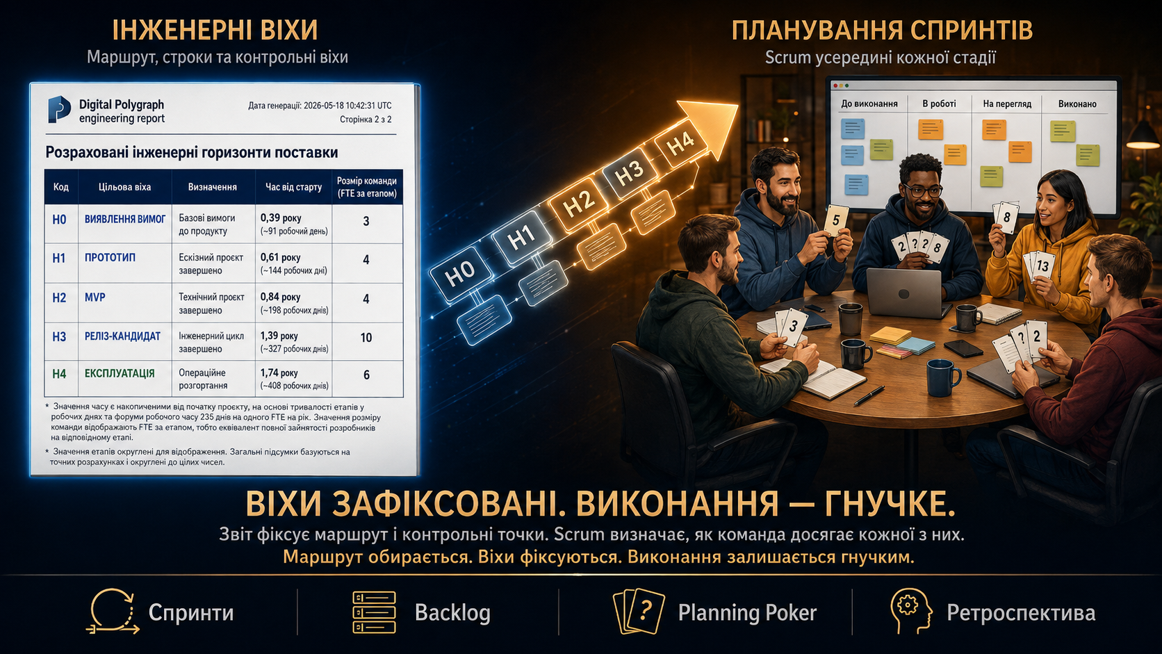 Інженерні стадії задають вимірювані віхи зрілості, а Scrum визначає рух команди всередині стадій