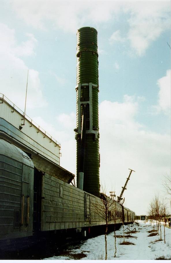 Rail-mobile ICBM missile in launch position ready for strategic deployment