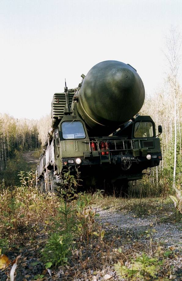 Topol-M intercontinental ballistic missile system on mobile launcher during road transport