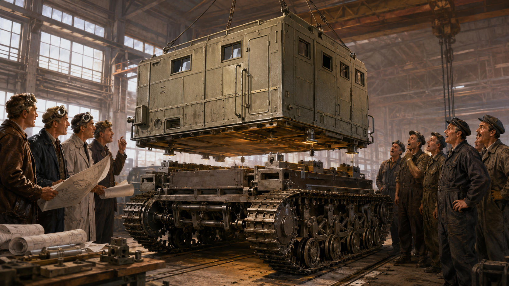 Kharkovchanka assembly — the cabin being lowered onto the chassis in the Kharkiv factory