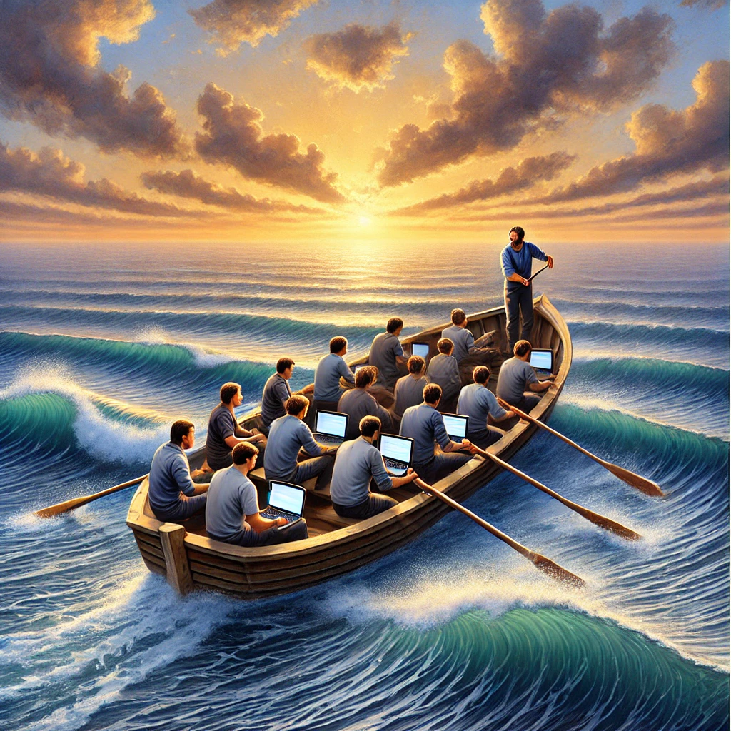 A coordinated software team in a boat riding the waves toward the sunrise, symbolizing perfect timing and market readiness.
