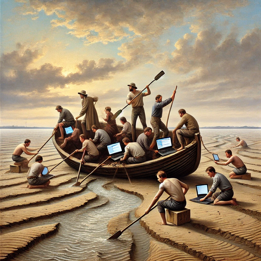 A development team tries to row a stranded boat stuck on dry sand, symbolizing a product launched at the wrong time.