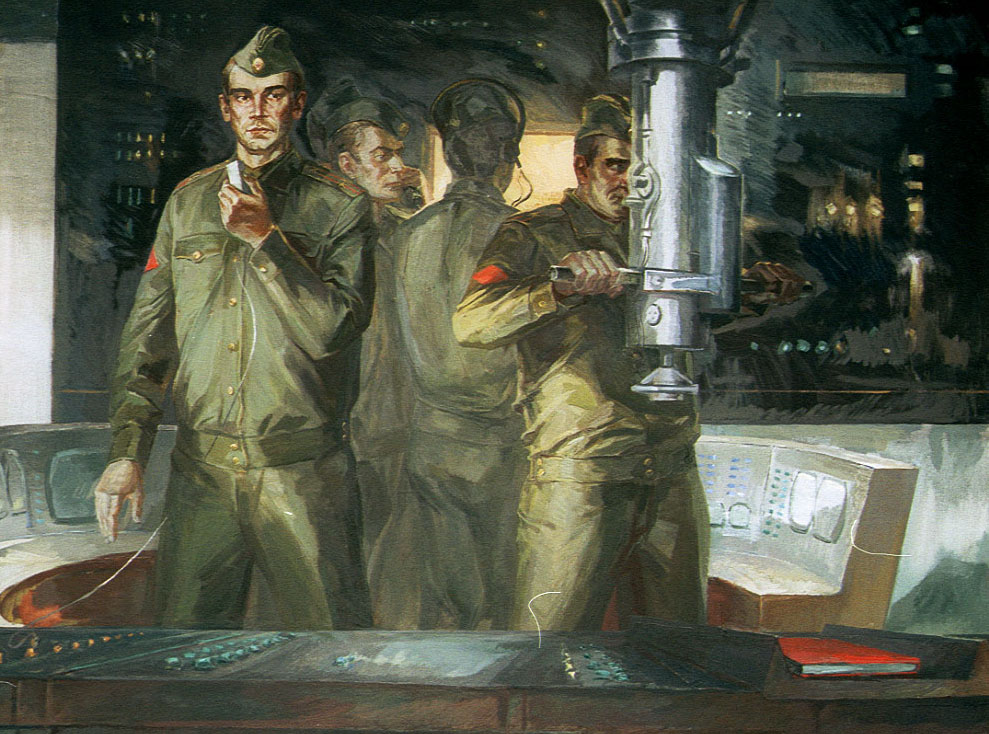 Iconic painting from Plesetsk Cosmodrome Unified Control Center: officers before an ICBM silo launch — a ‘holy icon’ now exposed as ritualized complicity in war crimes.