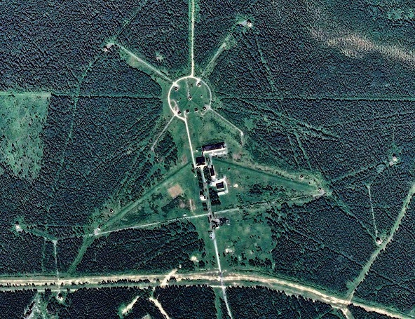Plesetsk measurement complex satellite view showing radial road layout and technical buildings